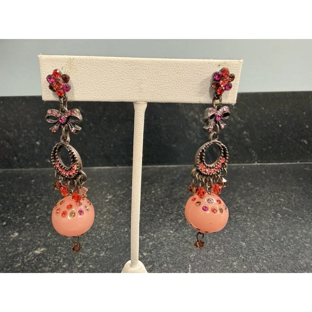 Unmarked Rhinestone Dangle Earrings Pink Bead Bow Chandelier 2.5